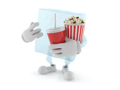 Ice cube character with popcorn and soda Illustrazione stock