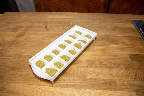 An ice cube container containing cooking sources Stock Photos
