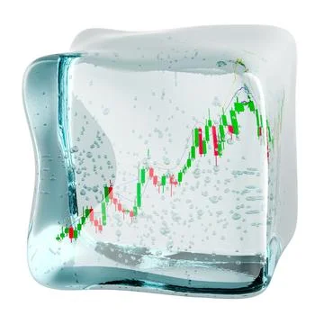 Ice cube enclosing candlestick chart symbolizing frozen assets, market slow.. Stock Illustration