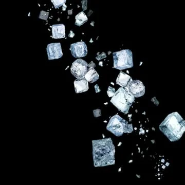 Ice cube falling close up isolated with black background Stock Illustration