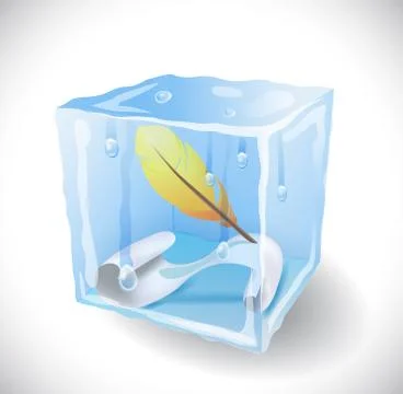 Ice cube with feather and paper. Stock Illustration