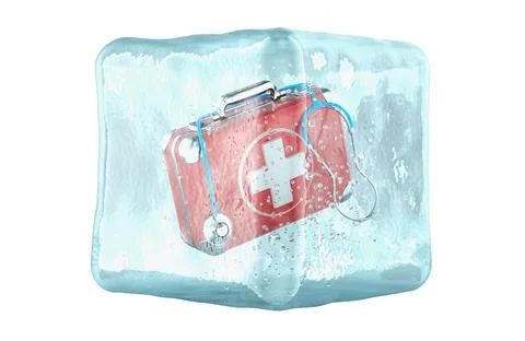 Ice cube with first aid kit inside. Frozen first aid kit, concept. 3D renderi Stock Illustration