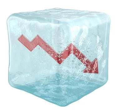 Ice cube with frozen down arrow inside, concept of frozen decline. 3d renderi Stock Illustration