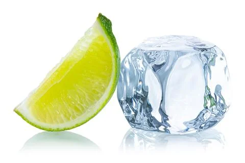 Ice cube. Ice cubes with fresh lime slice. Frozen water in shape of cube. Stock Photos
