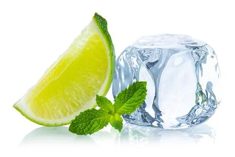 Ice cube. Ice cubes with fresh mint leaves and lime Stock Photos