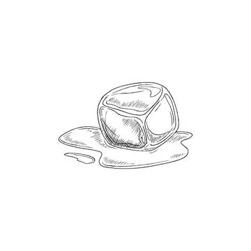 Ice cube melting with water puddle, sketch vector illustration isolated on white Stock Illustration