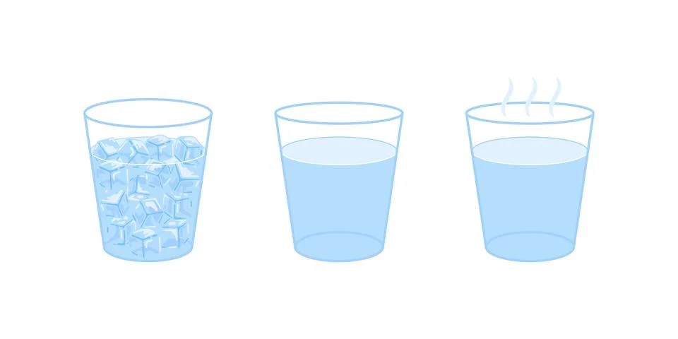 Ice cube, simple and hot with steam in glass. Different temperature of water Illustrazione stock