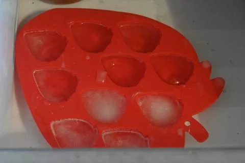 Ice cube tray in freezer close-up Fotos Stock