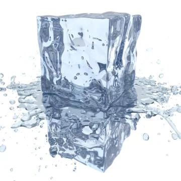 Ice cube with water splash 3D render Illustrazione stock