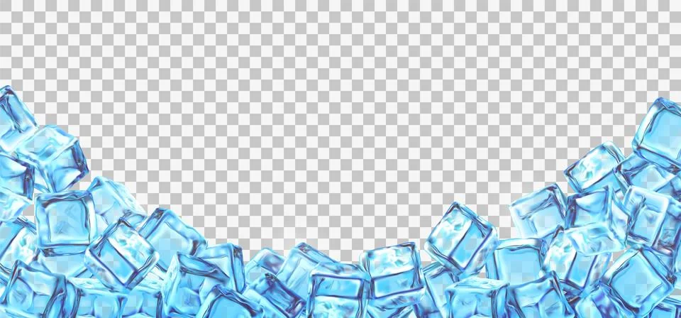 Ice cubes background. Freeze cold drink packaging decor, realistic cool wat.. Illustrazione stock