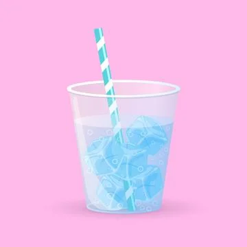 Ice cubes in a cup of water with bubbles and straw Stock Illustration