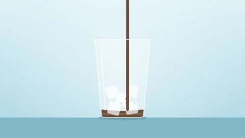 Ice cubes dropping into a glass as iced coffee pours in on light blue Vídeos de archivo 348618083