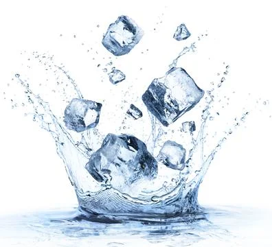 Ice Cubes Fall In Cold Water With Splash - Refreshment Concept Stock Photos