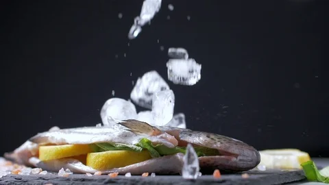 Ice cubes fall on fish trout.  Slow motion Stock Footage 105346040