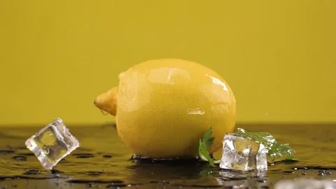 Ice cubes fall on the lemon. Slow motion. Yellow background. Macro mode. Freshne Stock Footage 144334416