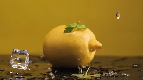 Ice cubes fall on the lemon. Slow motion. Yellow background. Macro mode. Freshne Stock Footage 144334433