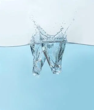 Ice cubes falling in blue clear water with splashes Stock Photos