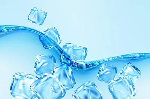 Ice cubes falling into blue transparent wave of water splash with bubbles Illustrazione stock