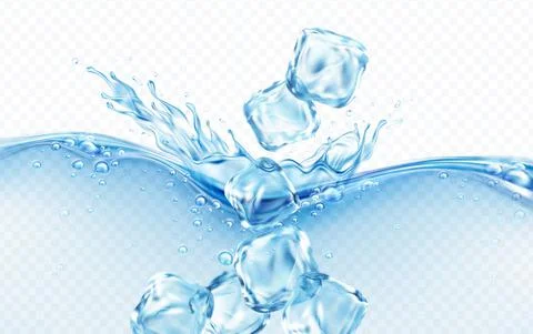 Ice cubes falling into blue transparent wave of water splash with bubbles Stock Illustration