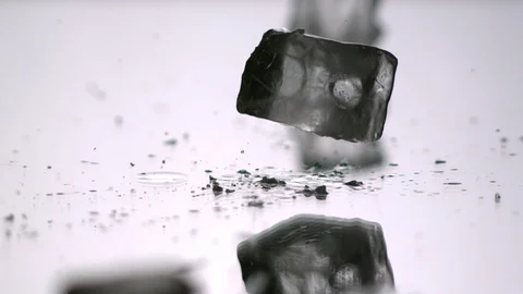 Ice Cubes falling, breaking up into white background Video stock 104632656