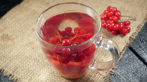Ice cubes falling into a cup of tea with viburnum Stock Footage 57776323