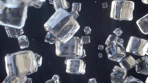 Ice cubes falling on dark blue background. Ice crystals. 3D Render. Stock Photos