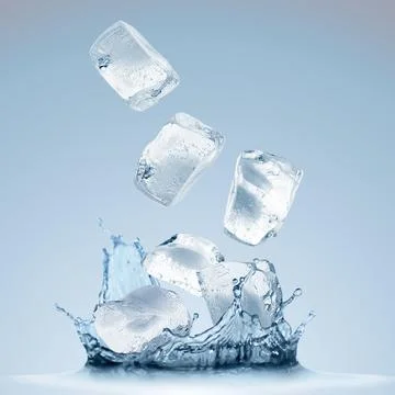Ice cubes falling into water on light blue gradient background Foto stock