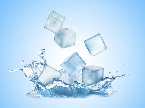 Ice cubes falling into water on light blue gradient background 스톡 사진