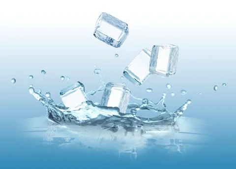 Ice cubes falling into water on light blue gradient background Stockfoto's