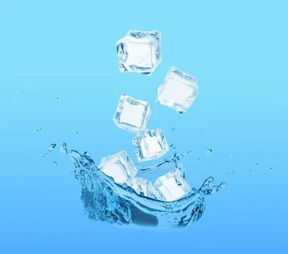 Ice cubes falling into water on light blue background 스톡 사진