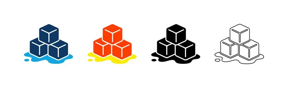 Ice cubes flat icon set. Featuring melting frozen cubes in blue, orange, bl.. Stock Illustration