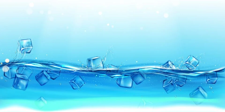 Ice cubes floating water with splashes and drops. イラスト素材