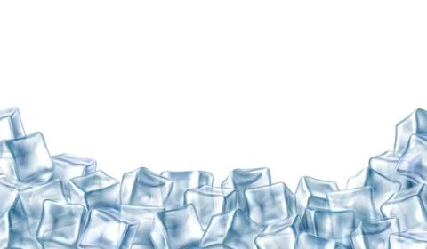 Ice cubes frame. 3d realistic transparent iced blocks on lower border Stock Illustration