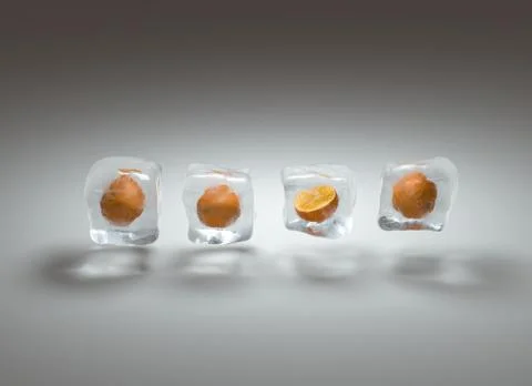 Ice cubes with frozen oranges inside. Stock Illustration