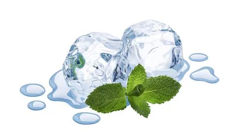Ice cubes with mint leaves isolated on white Stock Photos