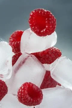 Ice cubes with raspberries Stock Photos