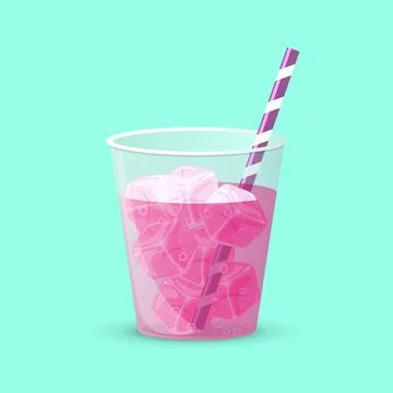 Ice cubes in red drink with bubbles and straw Stock Illustration
