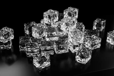 Ice cubes stacked each other with black background, 3d rendering. Stock Illustration