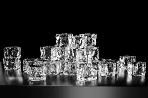 Ice cubes stacked each other with black background, 3d rendering. Stock Illustration