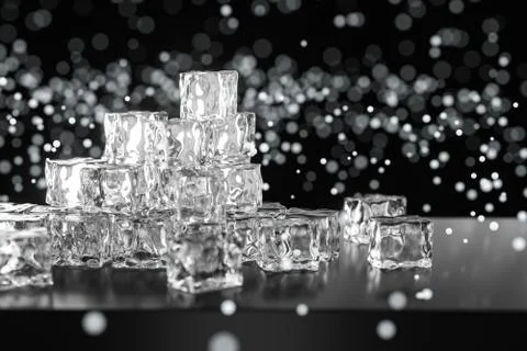 Ice cubes stacked each other with black background, 3d rendering. Stock Illustration