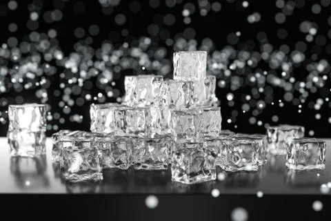 Ice cubes stacked each other with black background, 3d rendering. Stock Illustration