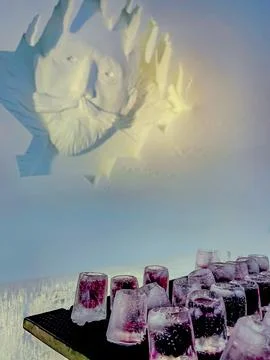 Ice cubes on table with statue, cumulus clouds in magenta sky Stock Photos