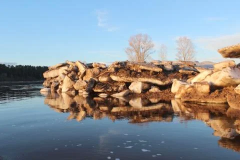 Ice drift on the big river in the spring 스톡 사진