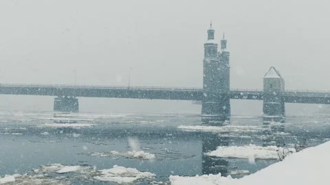 Ice drift on the Neman River. Winter day. Queen Louise Bridge Stock Footage 261162969
