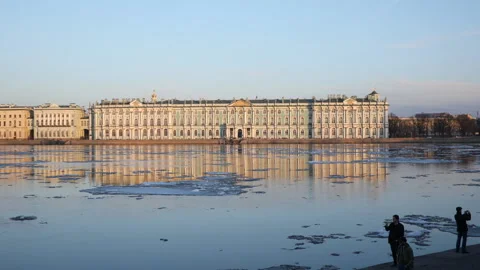 Ice drift on Neva river in Saint Petersburg, Russia. Time lapse Stock Footage 89410639