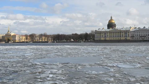 Ice drift on Neva river in Saint Petersburg, Russia. Time lapse Stock Footage 300277231
