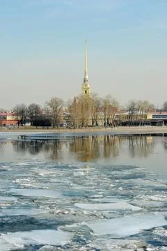 Ice drift on Neva. view of the Peter and Paul fortress in St. Petersburg, Rus Stock Photos