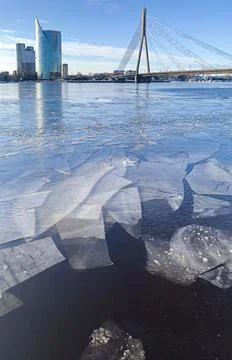 Ice drift, spring ice on the Daugava river in Riga, Latvia, selective focus Stock Photos