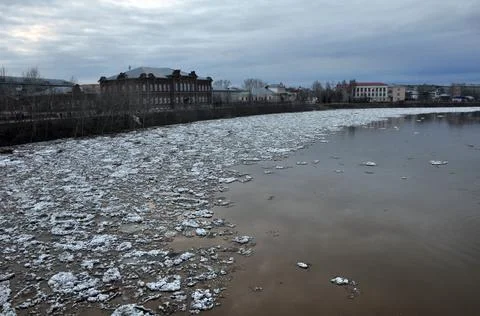 Ice drift on the Sylva River within the city of Kungur. Spring in the foothil Stock Photos