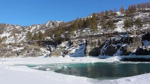 Ice drift on the turquoise river in the spring Stock Footage 72492438